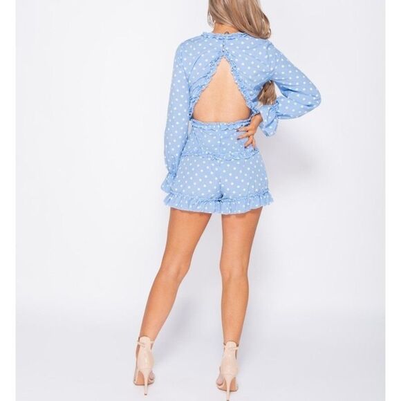 NWT NEW Parisian Light Blue Polka Dot Long Sleeve Backless Romper - Picture 1 of 9
